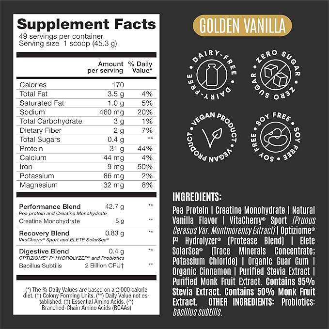 Falcon Performance Vegan Protein Powder, 31g Protein, 5g Creatine, 5g BCAA, Probiotics, Electrolytes, Pre Workout, Low Carb, Sugar Free & Dairy Free, Plant Based Vanilla Protein - 49 Servings