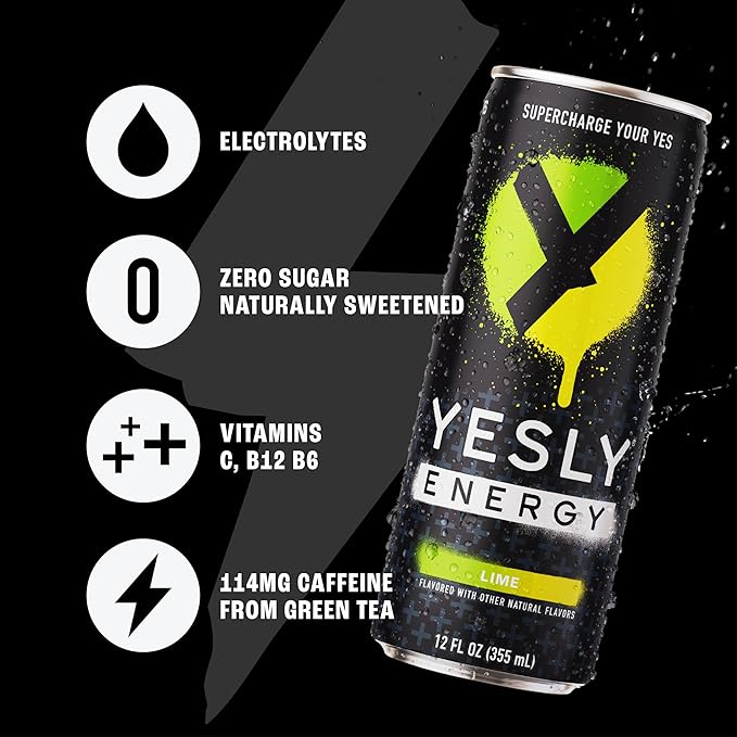 Yesly Energy Drink, Lime, Naturally Flavored Sparkling Energy Water With Electrolytes, Magnesium, Potassium, Vitamin C, B6 & B12, Natural Caffeine From Green Tea, Zero Sugar, 12 Fl Oz Cans, 12 Pack