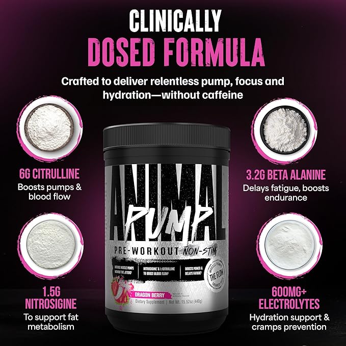 Animal Pump NS Stim-Free Pre Workout Powder for Men & Women - Caffeine-Free Preworkout for Energy, Focus, and Muscle Builder, Beta Alanine, Citrulline, Nitrosigine and Nootropics, Dragon Berry, 440g