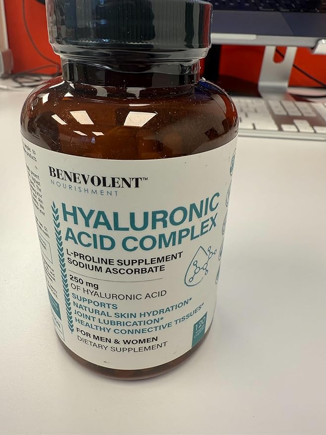 Hyaluronic Acid Supplements 250mg with 200mg Vitamin C, 1000mg L-Proline & Anti-Aging Benefits, Hyaluronic Acid Capsules for Youthful Skin, Joints & Connective Tissue Health - 120 Capsules