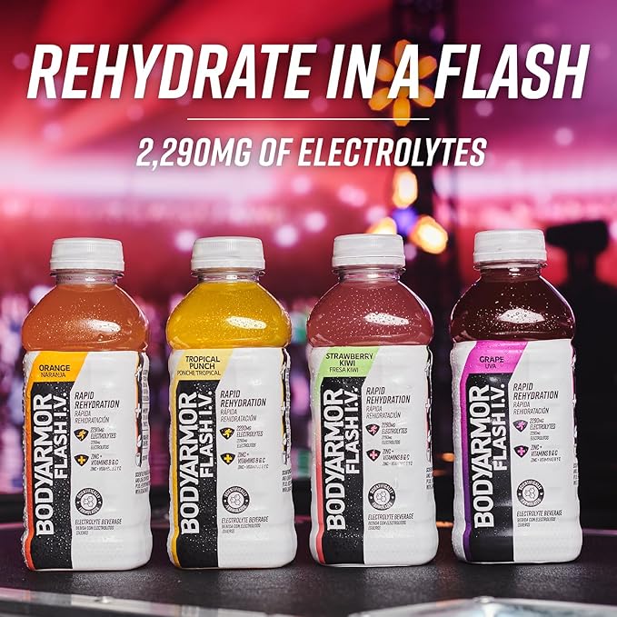 BODYARMOR Flash I.V. Electrolyte Beverage, Grape, Hydration Drink with Coconut Water For Rapid Rehydration, Post Workout Recovery, 20 Fl Oz (Pack of 12)