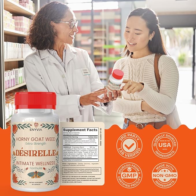 Female Libido Booster for Women Fast Acting with Tribulus Terrestris - Hornygoatweed for Women, Mood Support Supplement Enhancer Pills with Maca Root, Ginseng for Hormonal Balance - 60ct Desirelle