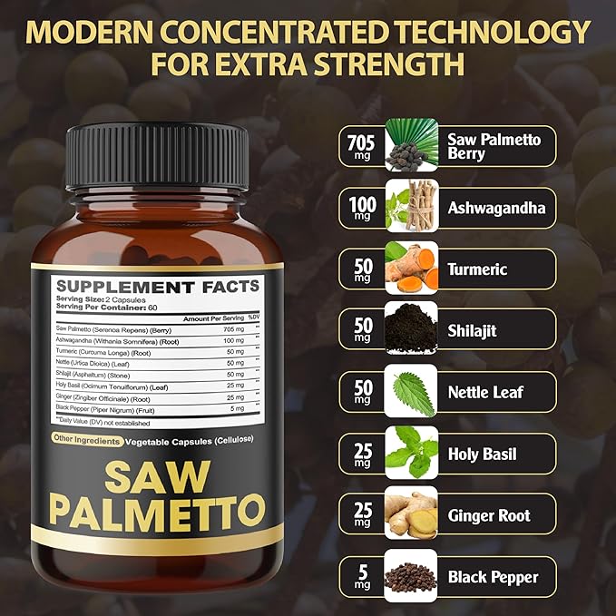 8in1 Saw Palmetto Prostate Support Supplement with Ashwagandha, Turmeric, Ginger, Nettle Leaf, Holy Basil & More - 120 Vegan Capsules for 2 Months