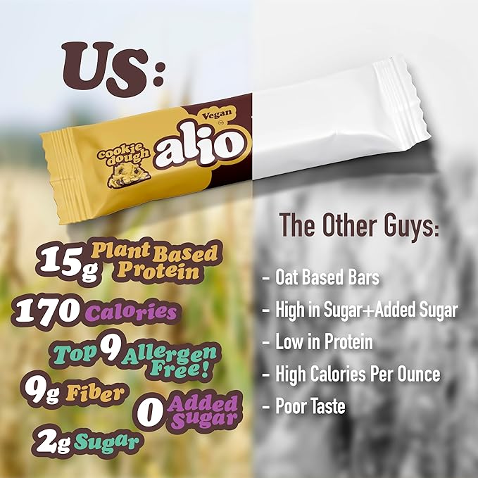 Alio Protein Bars - Cookie Dough (12 Bars) – Free From The Top 9 Food Allergens, High Protein, Low-Calorie, Vegan, Gluten-Free, Nut-Free, Non-GMO, Plant-Based, Seed Oil Free, Delicious & Healthy Snack