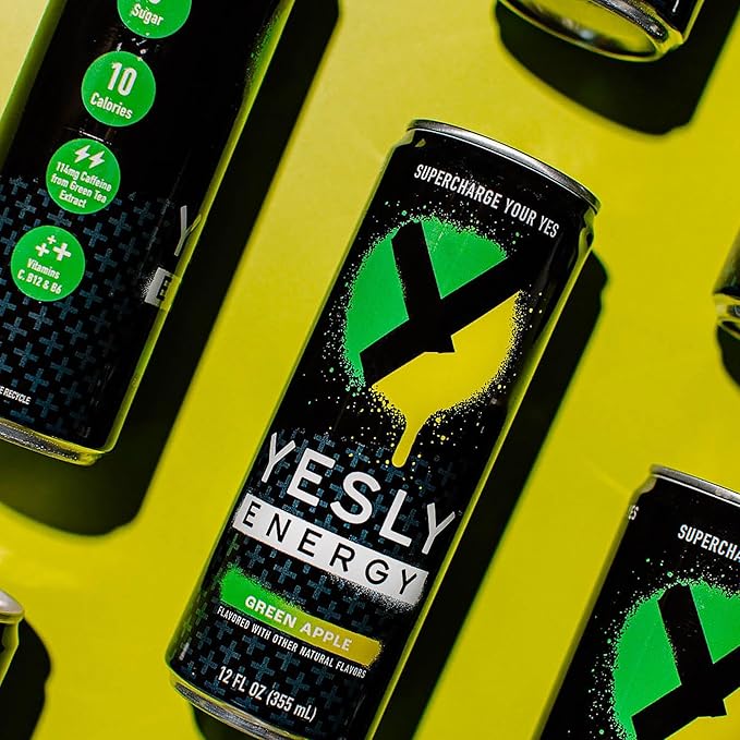 Yesly Energy Drink, Green Apple, Naturally Flavored Sparkling Energy Water With Electrolytes, Magnesium, Potassium, Vitamin C, B6 & B12, Natural Caffeine From Green Tea, 12 Fl Oz Cans, 12 Pack