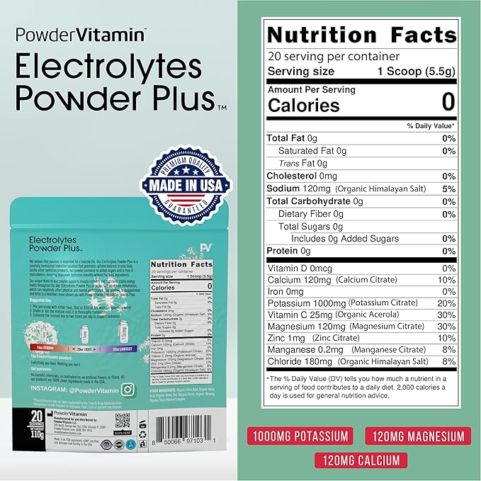 Electrolytes Powder Plus (20 Servings) Green Tea Ginseng Electrolyte Powder Keto, Sugar Free, Pink Himalayan Salt,1000mg Potassium,120mg Calcium,120mg Magnesium, Hydration Powder