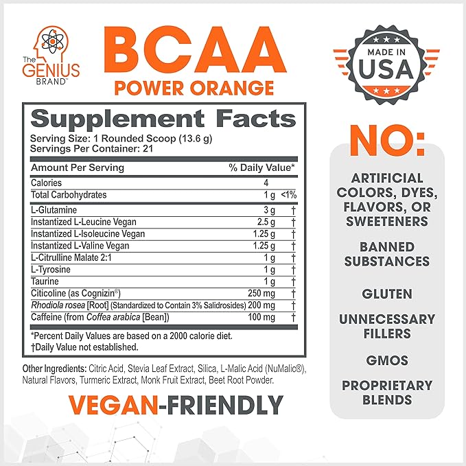Genius BCAA Powder - 5g Vegan BCAAs L-Glutamine, Cognizin & Rhodiola Muscle Recovery Energy Support 100mg Caffeine Pre, Intra, Post-Workout Nootropic Supplement for Focus & Performance - Orange