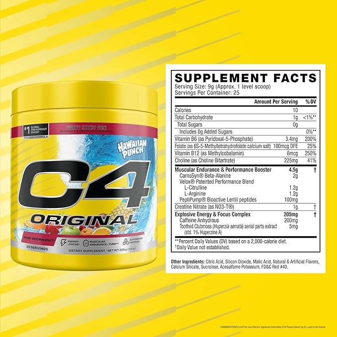 C4 Original Pre Workout – Hawaiian Punch - Pre-Workout for Endurance, Focus & Performance with 200mg Caffeine, Beta-Alanine, Creatine Nitrate, L-Arginine & PeptiPump – Sugar Free, 25 Servings