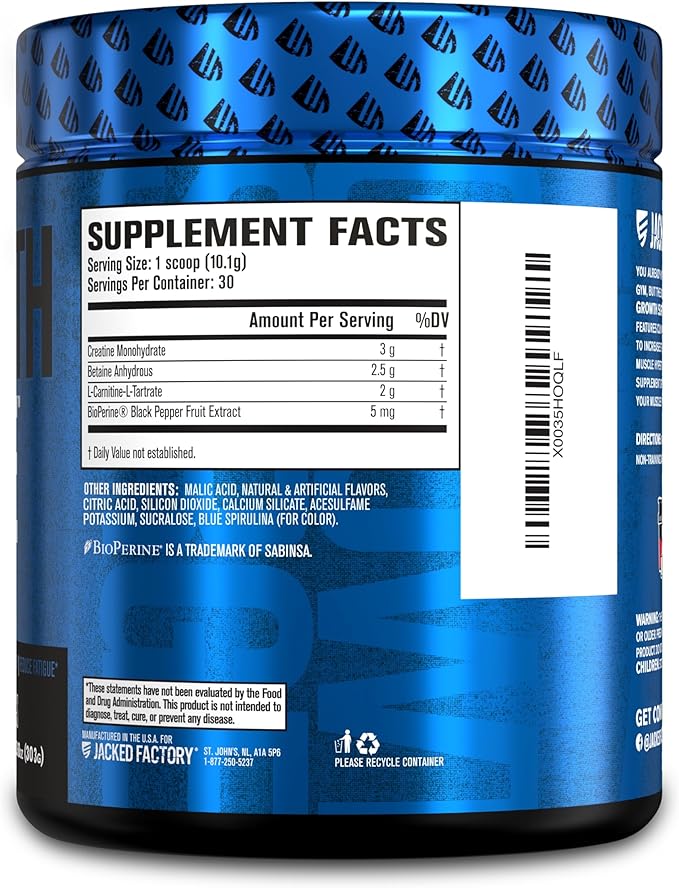 Jacked Factory Growth Surge Creatine Post Workout w/L-Carnitine - Daily Muscle Builder & Recovery Supplement with Creatine Monohydrate, Betaine, L-Carnitine L-Tartrate - 30 Servings, Blue Raspberry