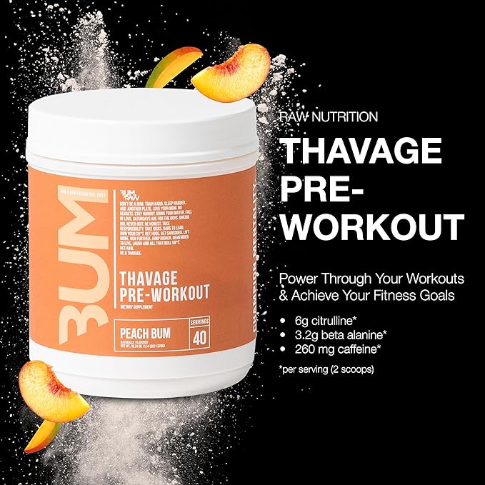 RAW Thavage Pre Workout - Peach Bum Chris Bumstead Pre Workout Formula, Sports Nutrition Pre-Workout Powders Men & Womens Preworkout Drink, Energy Powder for Working Out 40 Servings 1 17.6 Ounce