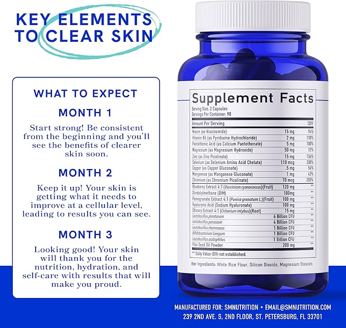 Clear Skin Acne Supplement with Zinc, DIM & Probiotics | 3-in-1 Balance, Clarify, Restore Support with Hyaluronic Acid & Skin Support Vitamins | for Women & Men | Oral Hormonal Acne Pills | 180 Ct