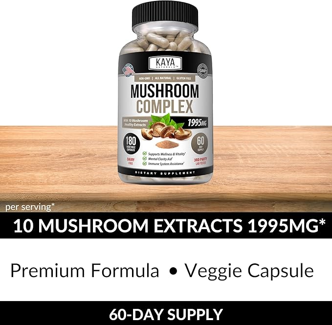 Kaya Naturals Premium Mushroom Complex Potent - Mushroom Supplement - Mushroom Complex Capsules 1995mg Per Serving - Aids Mental Clarity Supports Immune System, Wellness & Vitality - 180 Count