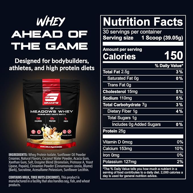 Granite Supplements The Meadows Whey Protein Isolate Protein Powder for Lean Muscle with 150 Calories, 2g Fiber, 1g Sugar (30 Servings), Cinnamon Cereal Flavor