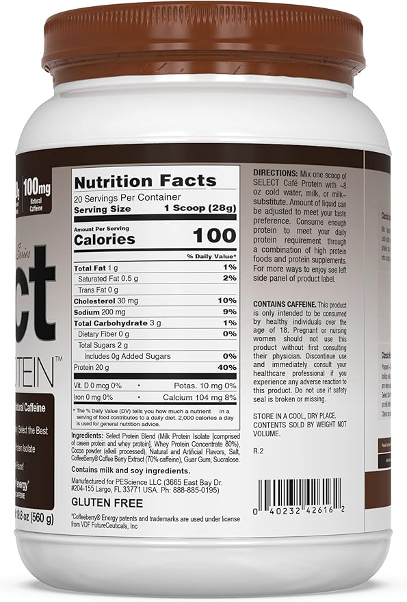 PEScience Select Cafe Protein, Iced Mocha, 20 Servings, Coffee Flavored Whey and Casein Blend with Caffeine