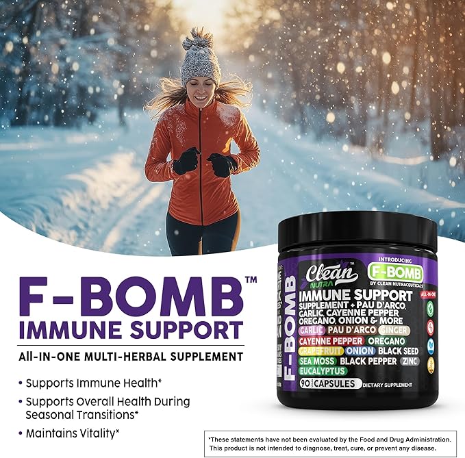 Organic Immune Support with PAU D'Arco Garlic Cayenne Pepper Oregano Ginger Grapefruit Onion Black Seed Sea Moss Black Pepper Zinc Eucalyptus Vitamin C Vitamin D Organic Soursop by Clean Nutra