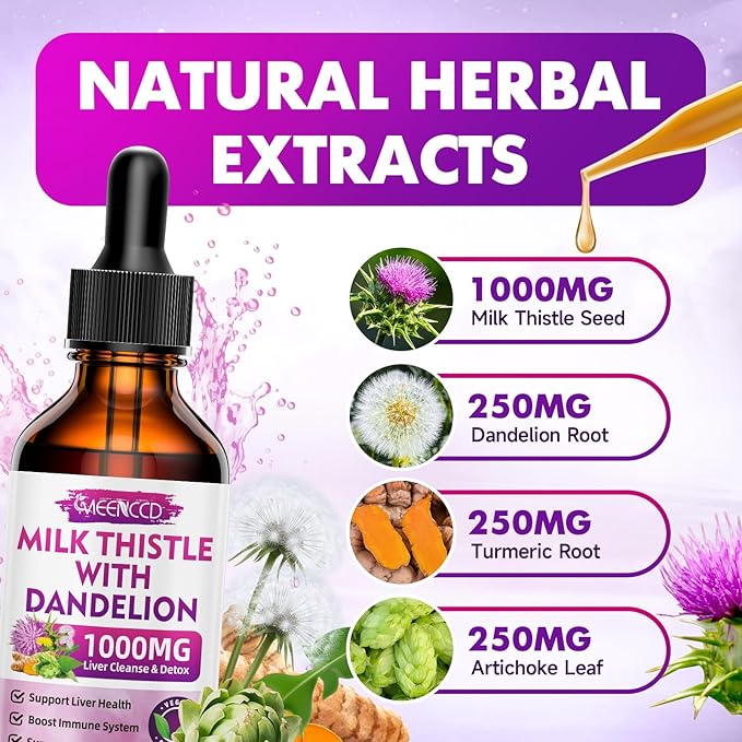 2 Pack Milk Thistle Liquid Drops - Liver Cleanse Detox & Repair - 1000mg Milk Thistle Supplement for Liver Support, Silymarin Liver Supplement for Liver Health, Vegan, Non-GMO, 4 Fl Oz