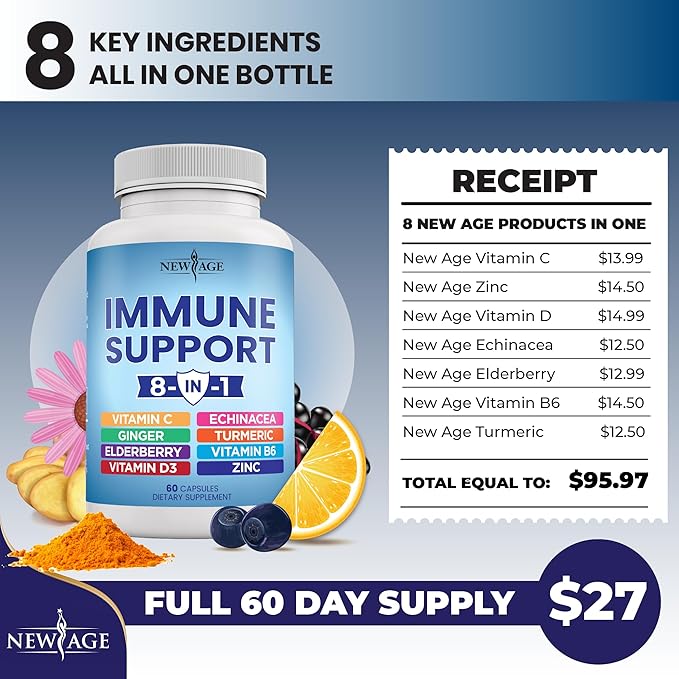 NEW AGE 8 in 1 Immune Support Booster Supplement with Echinacea, Vitamin C and Zinc 50mg, Vitamin D 5000 IU, Turmeric Curcumin & Ginger, B6, Elderberry 60 Count (Pack of 1)