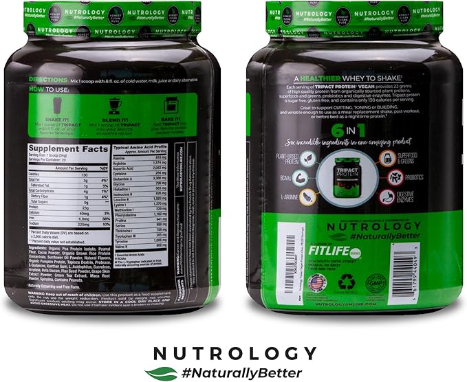 Nutrology TRIPACT Vegan Protein Powder - Vegan Meal Replacement Shakes with Organic Pea, Rice, & Pumpkin, Plant Based Protein Powder, BCAAs & Glutamine, Non-GMO, Chocolate Peanut Butter, 20 Servings