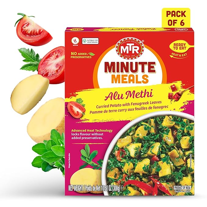 MTR - Alu Methi - Curried Potato with Fenugreek Leaves - Authentic Indian Ready To Eat Meal, Plant-Based, Delicious Microwave Food, Perfect for Quick & Nutritious Indian Cuisine Lovers (Pack of 6)
