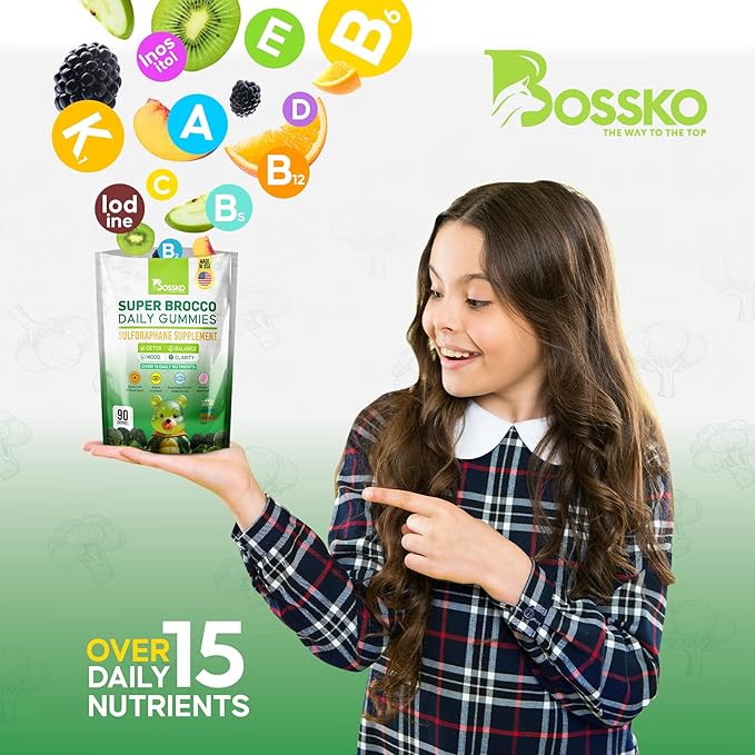 Bossko Sulforaphane Supplement Gummies - Omega 3 Fish Oil (EPA/DHA) Vitamin B12 B6 Vitamin A- K & Zinc 90 Powerful Antioxidant Support-Broccoli Sprout Extract Supplement Vegan 0 Sugar Three Flavors
