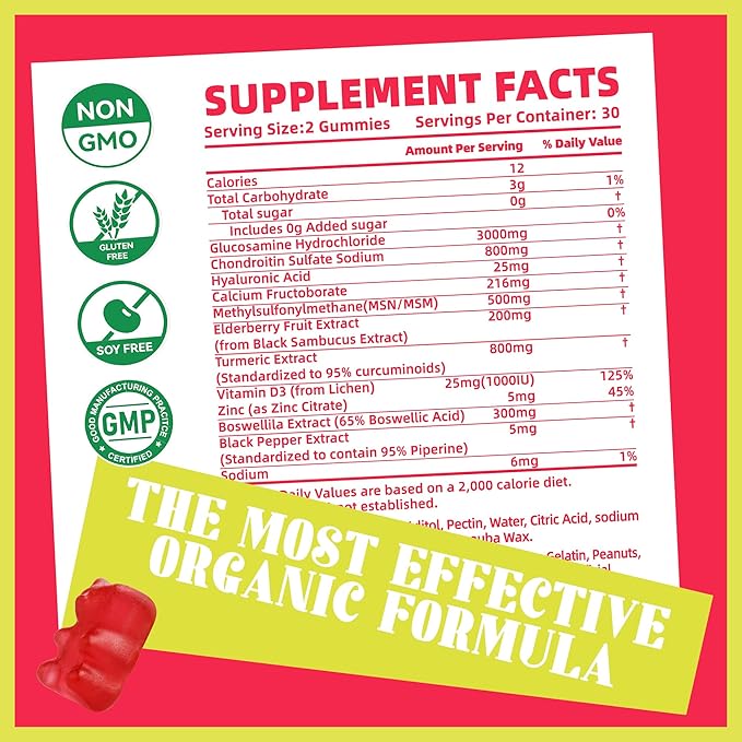 Glucosamine Chondroitin Gummies with MSM & Elderberry Extra Strength - Joint Support, Antioxidant Immune Support Supplement for Adults, Men & Women.Strawberry