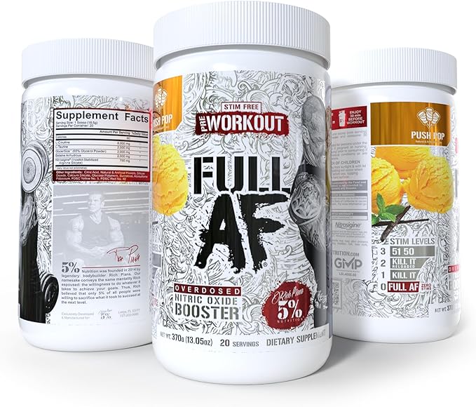5% Nutrition FullAF Pre-Workout | Stim-Free with Massive Pumps | L-Citrulline, L-Taurine, Nitrosigine, GlycerSize (Push Pop)