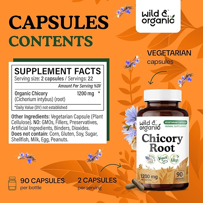 Wild & Organic Chicory Root Capsules - 1200 mg of Chicory Root Powder per Serving - Digestive & Gut Support - Inulin Fiber Prebiotic Supplement - Non-GMO, Vegan Inulin Capsules - 90 Count