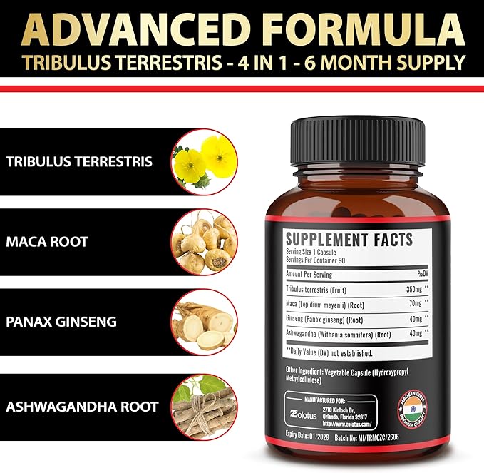 Zolotus 2 Packs Tribulus Terrestris with Maca Root Ashwagndha Root, Panax Ginseng - 6 Months Supply
