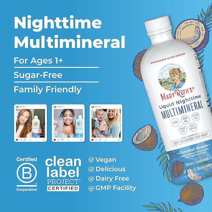 MaryRuth's Liquid Nighttime Multimineral | NO Melatonin | Bedtime Routine | Magnesium Citrate | Calcium | Zinc | Vitamin D3| Available in 4 Flavors | Vegan | Sugar Free | Gluten Free | 32 Oz