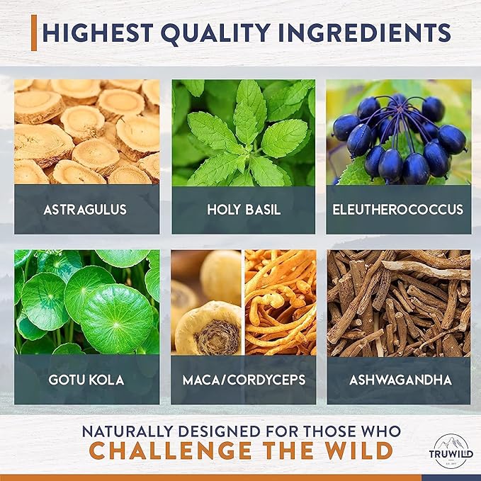 TruWild Adaptogens Vegan Capsule Supplement w/Ashwagandha + Maca w/Full Spectrum Mushrooms – All Natural – 40 Servings