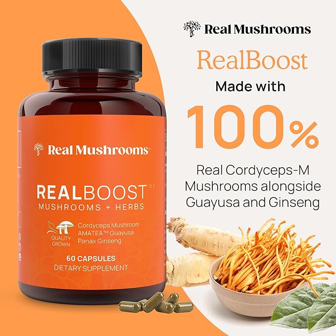 Real Mushrooms RealBoost Capsules - Mushroom Supplement Blend with Cordyceps Mushroom, Panax Ginseng Extract Guayusa Energy, Immune Defense, Mood Support Vegan, 60 Caps