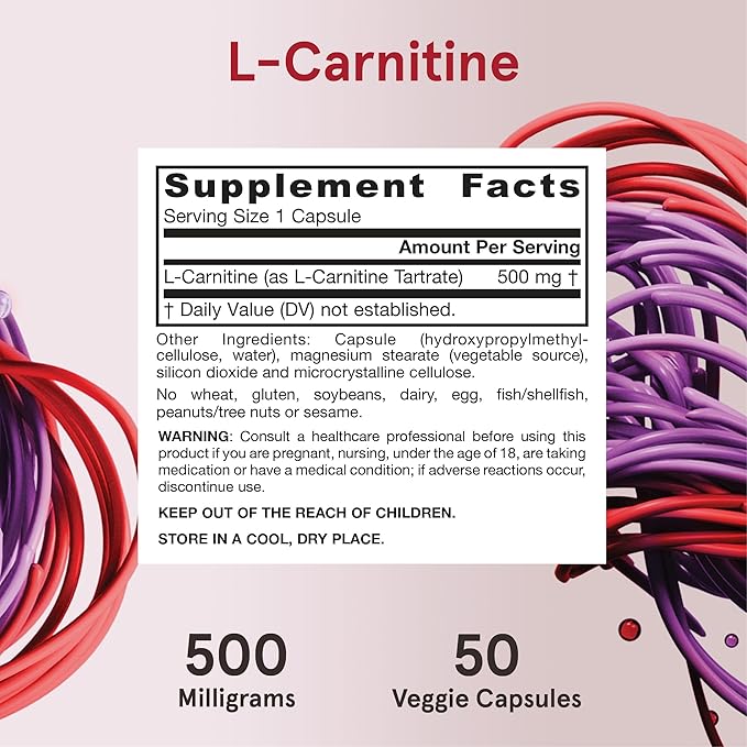 Jarrow Formulas® L-Carnitine 500 mg, Dietary Supplement, Support for Cellular Energy Production, 50 Veggie Capsules, 50 Day Supply