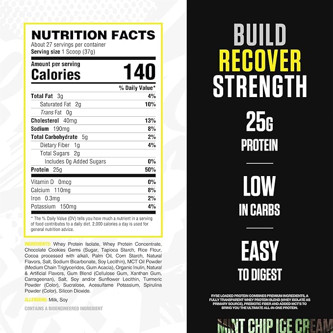 Ryse Loaded Protein Powder - Mint Chip Ice Cream - 25g Whey Protein Isolate & Concentrate with Prebiotic Fiber & MCTs - Low Carb, Low Sugar, Digestive-Friendly - 27 Servings / 2 lb Tub