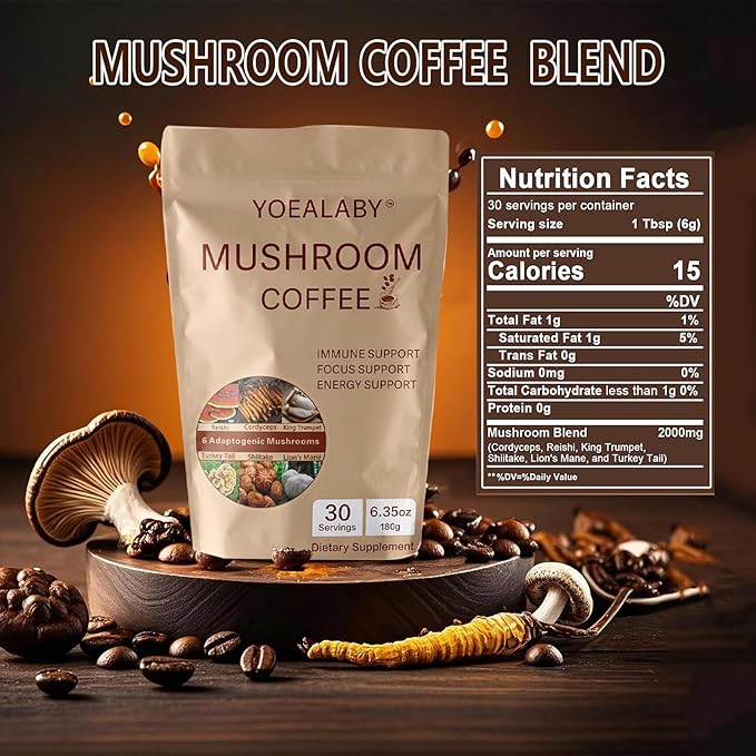 Mushroom Coffee,Organic 6 Adaptogenic Mushrooms Cordyceps, Reishi, Lion's Mane - Enhanced with MCT Oil, Non-GMO Instant Coffee - 180g, 30 Servings - Enhances Focus, Energy & Immunity