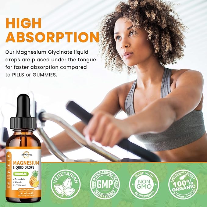 Magnesium Glycinate Liquid Drops, 1000mg of Liquid Magnesium Complex Supplement for Sleep, Nerve, Energy, Muscle, Bone, Calm & Digestion, High Absorption, 2 Fl Oz, Sugar-Free Pineapple Flavor