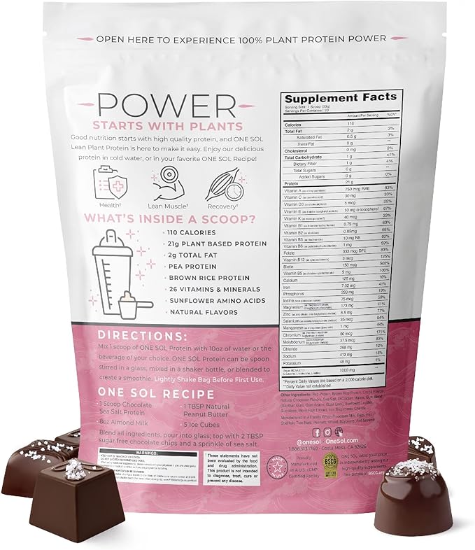 One Sol Lean Plant Protein Powder Chocolate Sea Salt, Low Carb, Gluten Free, Lactose Free, No Sugar Added, Soy Free, Non-GMO, 100% Plant Based & Vegan Friendly