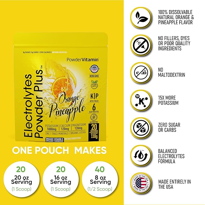 Electrolytes Powder Plus (20 Servings) Orange Pineapple Electrolyte Powder Zero Calorie Keto,0 Sugar, No Maltodextrin,1000mg Potassium,120mg Calcium,120mg Magnesium, Pink Himalayan Salt
