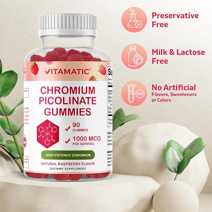 Vitamatic Chromium Picolinate 1000 mcg - 90 Gummies - High Potency Chromium - Raspberry Flavor (Total 180 Gummies) 2 Packs