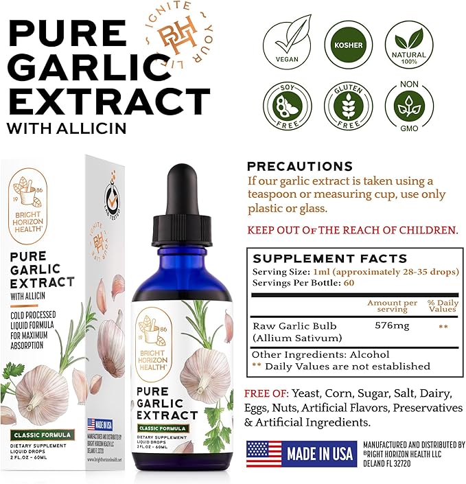 Pure Garlic Extract with Allicin Classic Formula Boost Immune Support Vegan Friendly Natural Supplement, Raw Organic Garlic in Liquid Form, Natural Superfood with Nutrients and Minerals (2 fl oz)