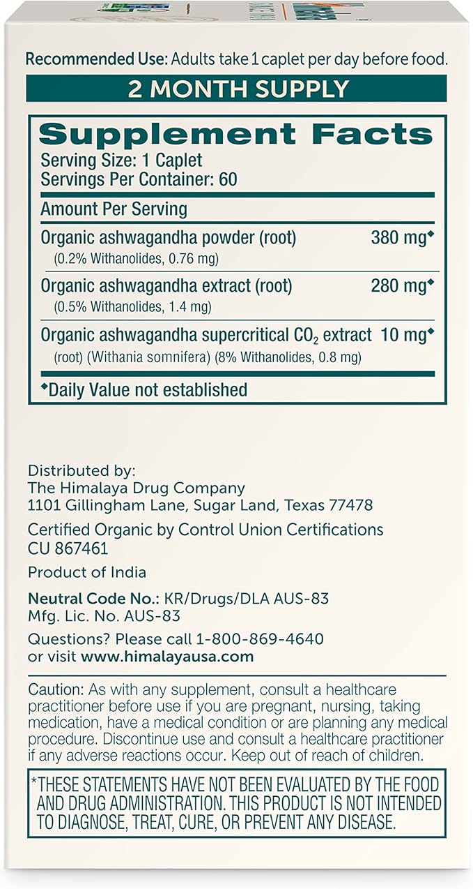 Himalaya Organic Ashwagandha, 60 Day Supply, Herbal Supplement for Stress Relief, Energy, Occasional Sleeplessness, Excipient Free, Organic, Non-GMO, Vegan, Gluten Free, 670 mg, 60 Caplets