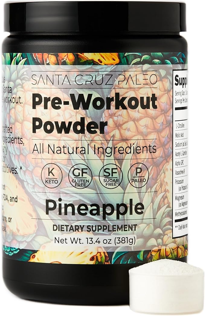 Santa Cruz Paleo Natural Pre Workout Powder, Pineapple, Keto Preworkout with Electrolytes, Magnesium, Potassium, L-Citrulline, 150mg Caffeine, Sugar Free Drink Mix for Energy & Hydration, 30 Servings