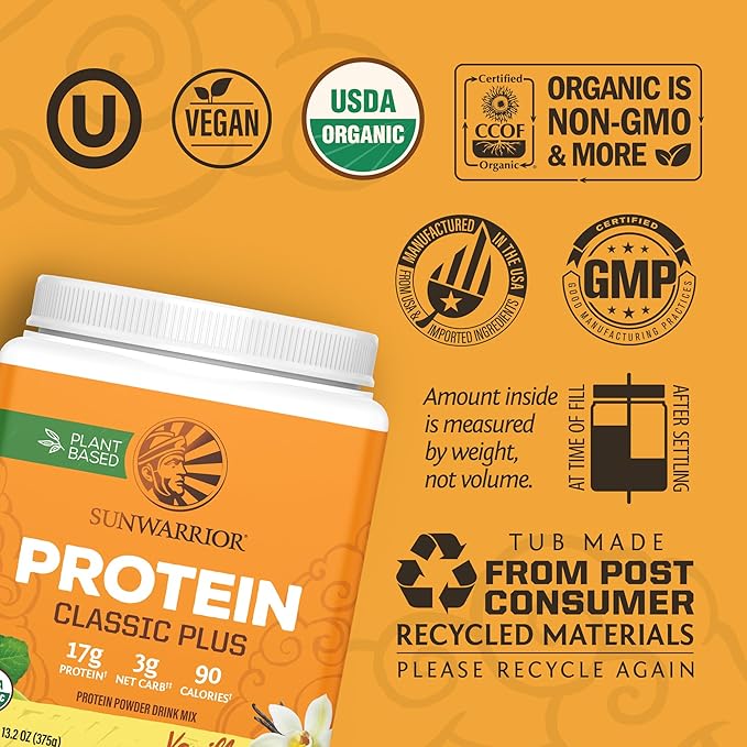 Vegan Organic Protein Powder Plant-Based | 5 Superfood Quinoa Chia Seed Soy Free Dairy Free Gluten Free Synthetic Free Non-GMO | Vanilla 15 Servings | Classic Plus by Sunwarrior