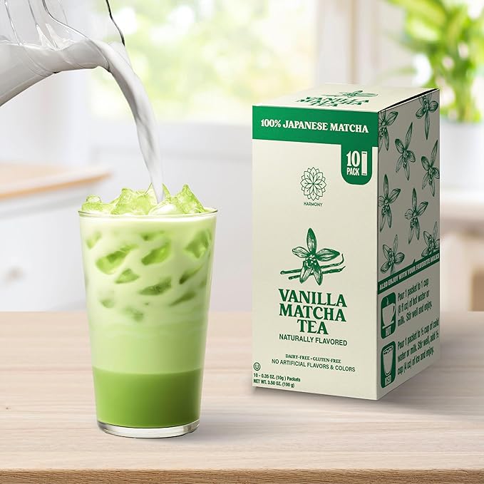 Harmony Matcha Vanilla – Premium Japanese Matcha Powder, Shade-Grown & Stone-Ground, Rich in Antioxidants & L-Theanine, Sweetened with Organic Sugar, No Preservatives, 10 Stick Packs