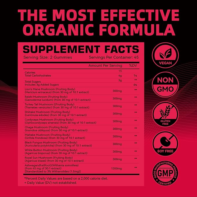 Mushroom Gummies - 10x Mushroom Supplement with Ashwagandha and Lions Mane (90 Chews) Nootropic Brain Supplement, Immune Support & Stress Relief-Raspberry Flavor