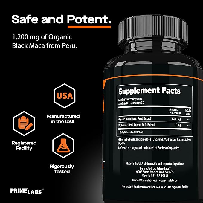 Prime Labs Organic Black Maca Root Capsules 1,200mg - Stamina, Drive, Energy, Vitality - Peruvian 20:1 Extract - for Men & Women - 60 Count