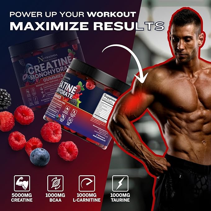 Pre-Workout Gummies – 120-Count Creatine Monohydrate Gummies for Men and Women – Pre-Workout Supplement with BCCA, L-Carnitine, Taurine for Muscle Growth, Energy, Performance – Berry Flavor