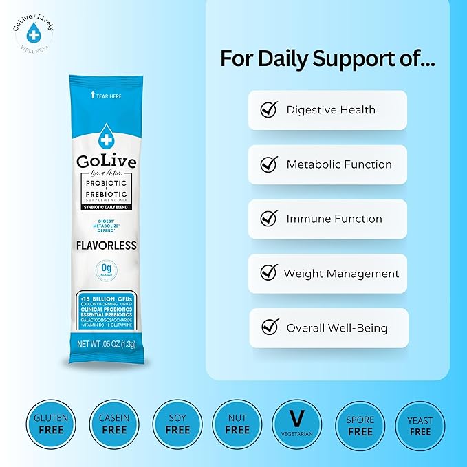 GoLive Prebiotic & Probiotic for Women, Men, Kids. Flavor-Free, Sugar-Free, Synbiotic Powder w/ GOS, L-Glutamine, Vitamin D3, Electrolytes. For Gut Health, Digestion, Metabolism, Immunity 15-50B CFUs.