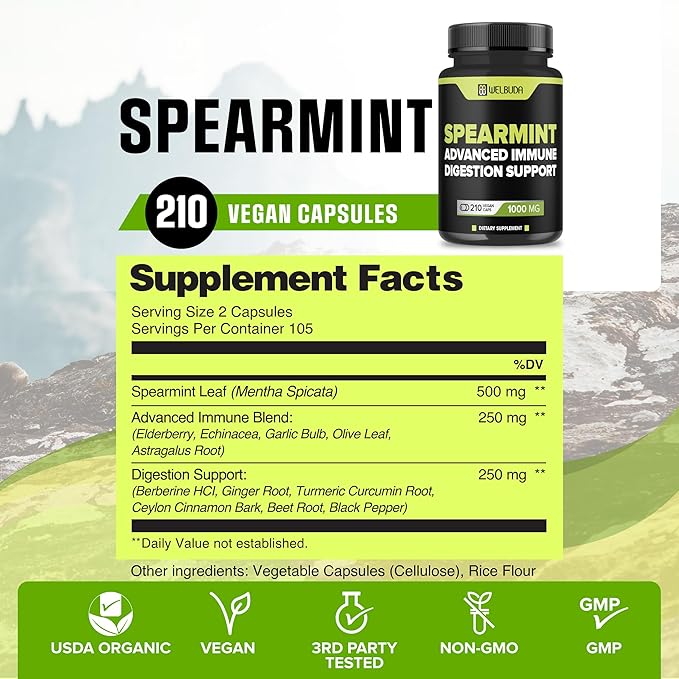 210 Capsules - Spearmint Supplement with Olive Leaf, Ginger Root, Black Pepper & More - Combined Formula for Digestion Health, Respiratory Health, Immunity & Positive Mood Support