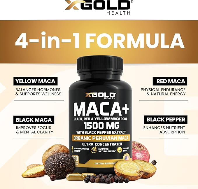 X Gold Health Organic Maca Root Powder Capsules 1500mg with Black | Red & Yellow Peruvian Maca Root Extract Gelatinized, Energy & Mood Supplement for Men & Women + Black Pepper for Best Benefits