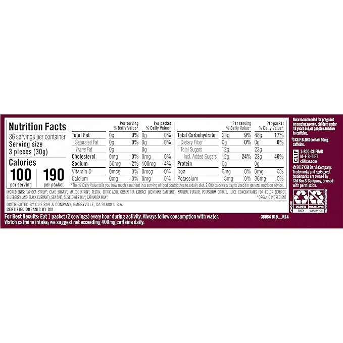 CLIF BLOKS - Black Cherry Flavor with Caffeine - Energy Chews - Non-GMO - Plant Based - Fast Fuel for Cycling and Running - Quick Carbohydrates and Electrolytes - 2.12 oz. (18 Count)